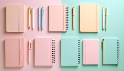 A Balanced Grid of Notebooks and Stationery on Split Pink and Blue Canvas, Celebrating Symmetry, Color Theory, and Academic Calm