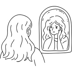 Young woman looking at her reflection in the mirror with concern - Concept of World Mental Health Day  