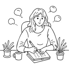 Woman writing in a notebook at a desk with plants and thoughts bubbles - Concept of World Mental Health Day    
