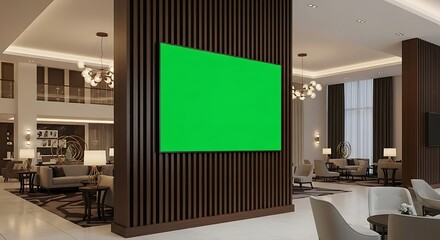 Chroma key green screen display in a modern, luxurious hotel lobby waiting area for content placement.