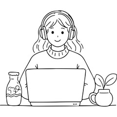 Young woman studying on laptop with headphones and plants at home - Concept of World Mental Health Day    