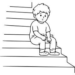 Young boy sitting quietly on stairs feeling pensive for World Mental Health Day  