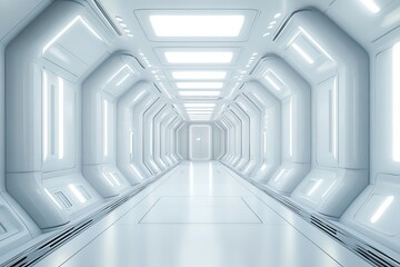 Futuristic white corridor with glowing LED lights and symmetrical sci-fi architecture