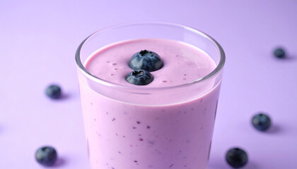 Glass of creamy blueberry smoothie on pastel purple surface. Delicious drink. Tasty and healthy