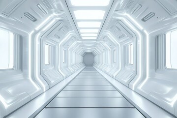 Futuristic white corridor with glowing LED lights and symmetrical sci-fi architecture