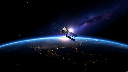 Naklejka premium Satellite orbiting Earth with sunrise and city lights providing global communication and surveillance for a connected world highlighting technological advancement