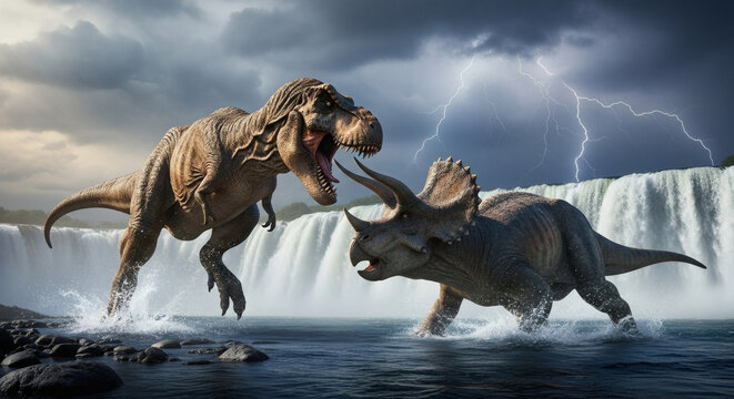 A concept of prehistoric conflict, depicting a fierce Tyrannosaurus battling a Triceratops in a dramatic, stormy landscape by a waterfall. - Powered by Adobe