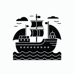 Sailing Ship on Ocean with Sails and Birds Silhouette Vector Illustration