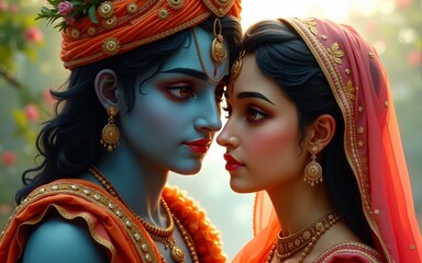 portrait of Lord Krishna with Radha. High quality