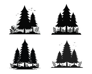 Obraz premium Minimal Forest Landscape with Bushes and Birds in Flat Style Isolated on White Background