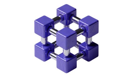 Modern abstract geometric structure with polished chrome and textured purple cubes, symbolizing innovation