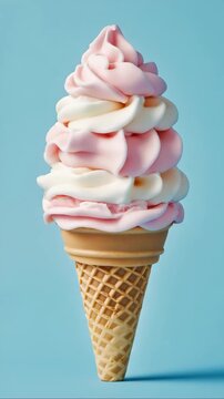 Twisted soft serve ice cream in pastel pink and white colors served in classic waffle cone. Isolated on blue background. Light and creamy dessert.