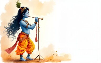Krishna Janmashtami holiday concept, watercolor art style, copyspace on a side. High quality