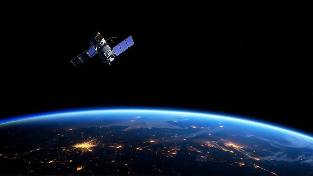 Satellite orbiting planet Earth with city lights visible against a dark cosmic background showcasing global communication and space exploration