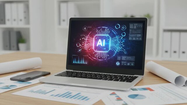 Exploring the Future of Technology: A Close-Up of a Laptop Featuring Advanced AI Graphics Among Business Reports and Documents