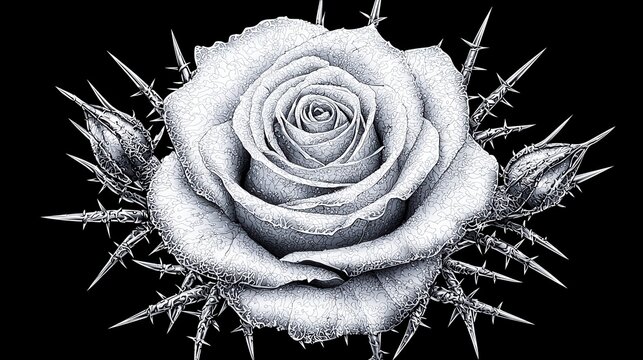 A meticulously detailed illustration showcases a gothic silver rose encircled by thorns and buds against a stark black background creating a dramatic and intricate floral