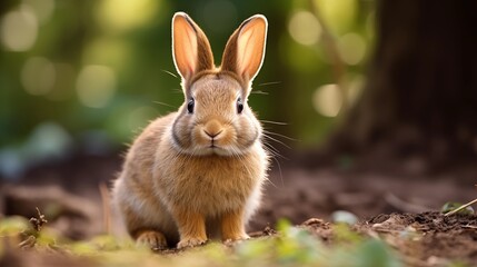 Cute brown rabbit sitting on green grass in natural outdoor lighting with blurred background.