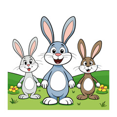 Obraz premium Happy Rabbit Trio Colorful Bunny Character Vector for Kids Media, Storybooks & Branding High-Trust Artwork