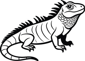 Iguana silhouette, reptile silhouette vector, lizard line art, tropical animal sketch, black and white illustration