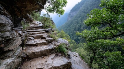 Stone Stairway Path Along Mountain Cliff
