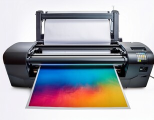 large format inkjet printer printing a colorful canvas with white background