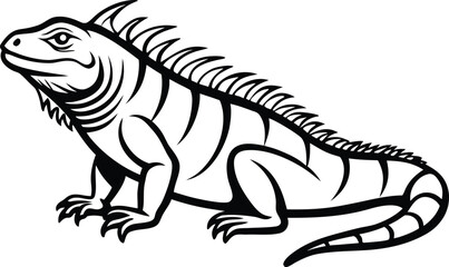 Iguana silhouette, reptile silhouette vector, lizard line art, tropical animal sketch, black and white illustration