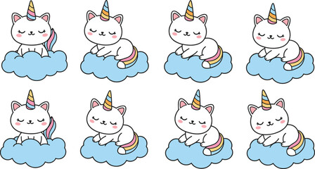 Cute cartoon unicorn cat sleeping on fluffy blue cloud, adorable vector character with rainbow tail and horn, perfect for kids designs.