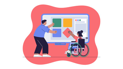 teacher and student in wheelchair using an accessible smartboard vector illustration, inclusive education, disability access and collaborative learning technology