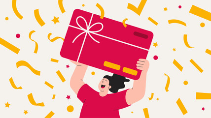 joyful person holding up a gift card with falling confetti vector illustration, customer loyalty programs and promotional rewards
