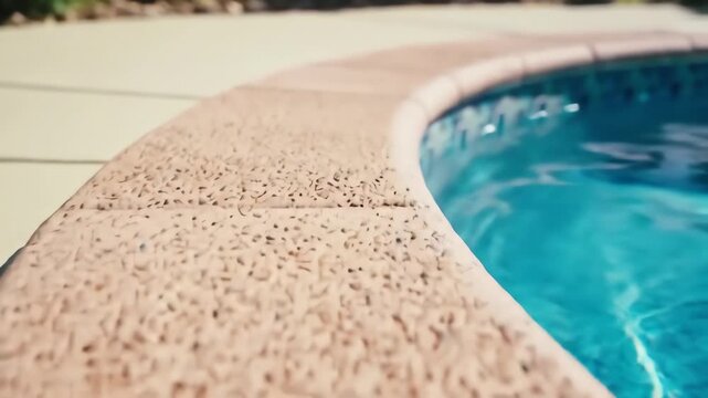 Textured beige pool deck edge with visible pebbles on a blurred blue water background