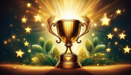 a golden trophy stands beside glowing stars with green foliage and sunbeams against a dark background