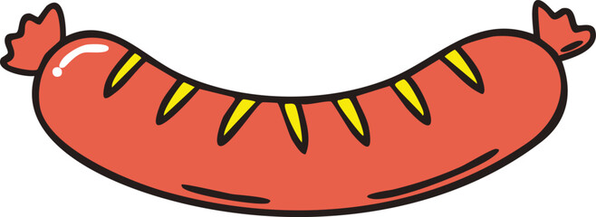 A single, curved, red sausage with yellow grill marks, shown in cartoon style.