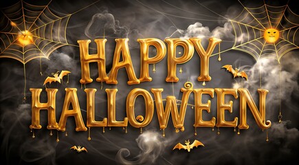 Happy halloween greeting with spooky decorations including bats, spider webs, and glowing pumpkins