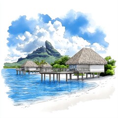 Fototapeta premium Luxurious overwater bungalows led on a pristine white sandy beach beside a vibrant blue lagoon with a majestic mountain backdrop offer a tranquil tropical escape.
