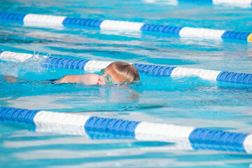Young Boy Swimming Freestyle at a Swim Meet