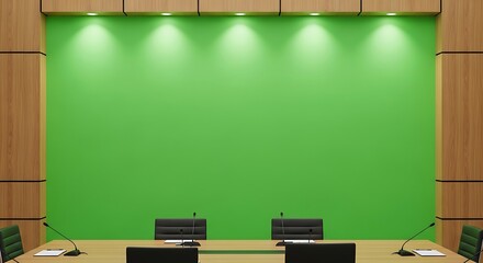Modern press conference room with a large chroma key green screen, perfect for virtual presentations and corporate meetings.