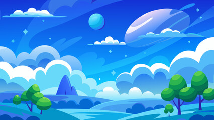 Whimsical blue planet landscape with saturn like ringed planet © SSCP DESIGN
