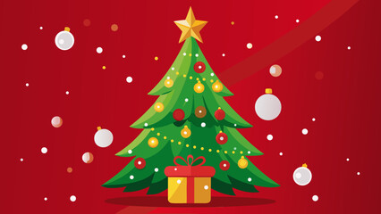 Festive christmas tree with ornaments and gift on red background