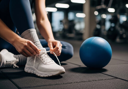 Focused woman tying athletic shoes on gym floor preparing for workout, with blue medicine ball nearby - Powered by Adobe