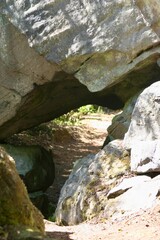 A natural rock tunnel forms a unique passage along a forest trail. Sunlight filters through the trees, highlighting the rugged textures of the stones in this peaceful and adventurous outdoor setting.