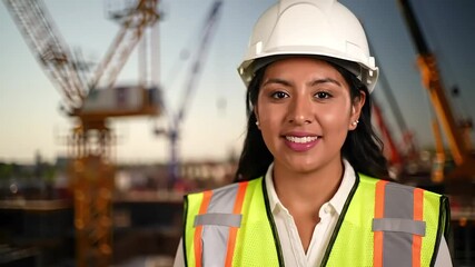 A female construction worker embodies professionalism and safety in a dynamic building site environment.