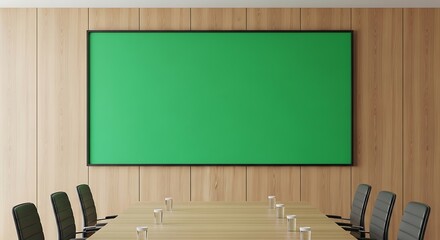 Modern corporate boardroom interior with a large green screen on a wood-paneled wall for presentation mockup.