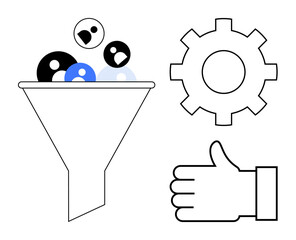 Funnel filtering multiple elements, gear symbolizing process automation, hand gesture with thumbs up for approval. Ideal for business, teamwork, workflow, quality, productivity, simplification