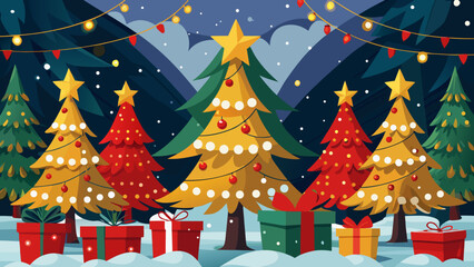 Festive christmas trees and gifts in a snowy winter landscape