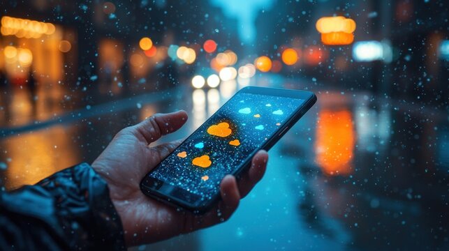Smartphone displaying weather app in a rainy city