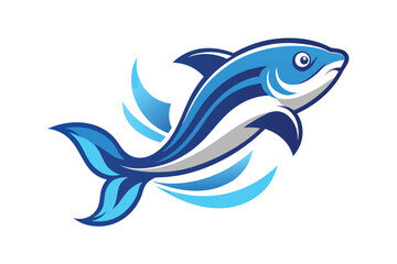 Obraz premium Blue Fish Illustration Logo, Dynamic Design with Light and Dark Shades, White Background