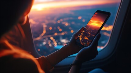 Woman using smartphone on airplane travel at sunset with city lights view from window seat photography silhouette