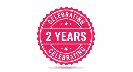 Pink retro badge celebrating a twoyear anniversary a circular seal with scalloped edges and bold white text.