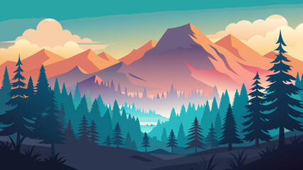 Vibrant mountain landscape with pine forest at sunset