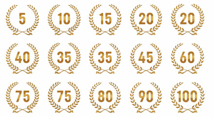 Set of golden laurel wreath anniversary emblems with numbers from five to one hundred.